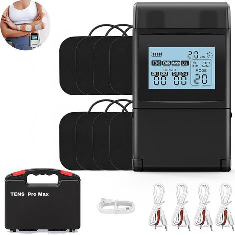 AquaForge TENS/EMS-Muskelstimulator mit 60 Modi, Drehregler und 4 Kanälen, inklusive Tragetasche, Schmerzlinderung und Muskelregeneration, Schwarz (1/4)