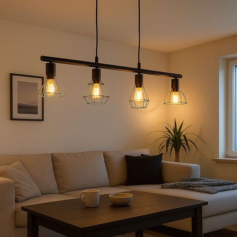 Pendelleuchte Deckenlampe Gitteroptik Wohnzimmerleuchte Esstisch, Industrial schwarz Käfig 4-flammig Metall, E14, BxH 75x150 cm, NINO 31450408