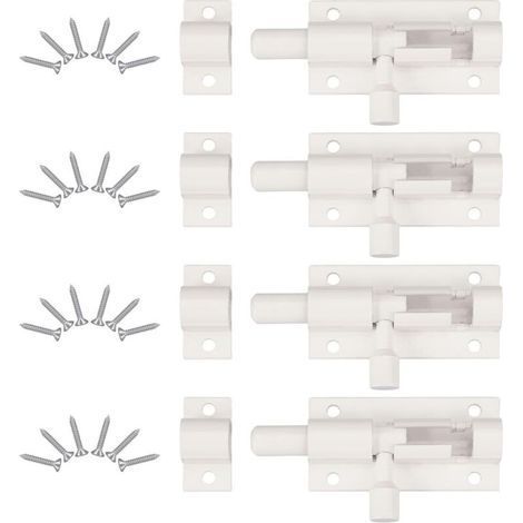 4 Pièces Verrou de Porte, Verrou Porte Interieure avec 24 Vis , Loquet Porte Coulissante, Loquet de Porte, Verrou Tatte, Loquet Coulissant, pour Portail De Jardin, Cabanon, Wc (Blan (1/4)