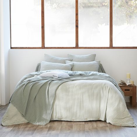 Housse de couette 260x240 gaze de coton carreaux vert d'eau Terre de Nuit Vichy
