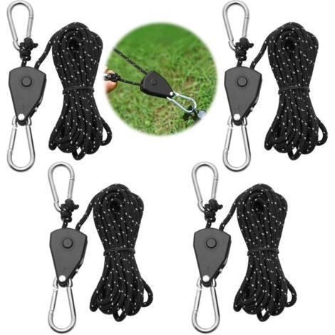 4 Pièces Corde à Cliquet vec Crochets, 4 M Cliquet de Poulie à Corde Réglable 1/8 Pouces Rope Ratchet pour Les luminaires, Les Lampes pour Plantes et Les Pots de Jardinage, Tente Randonnée (1/4)