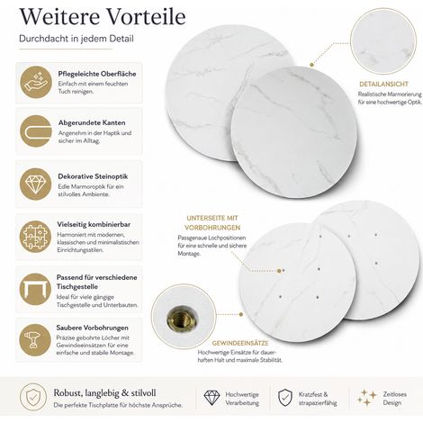 Plateau rond élégant aspect marbre blanc, disponible en 2 tailles (Ø70 cm et Ø50 cm), surface en mélamine résistante, plateau moderne compatible avec différents types de pieds de table. (1/4)