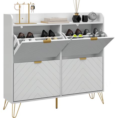 Schuhschrank mit 4 Klapptüren, verstellbarem Einlegeboden, Schuhaufbewahrung 106 x 24 x 102 cm, weiß