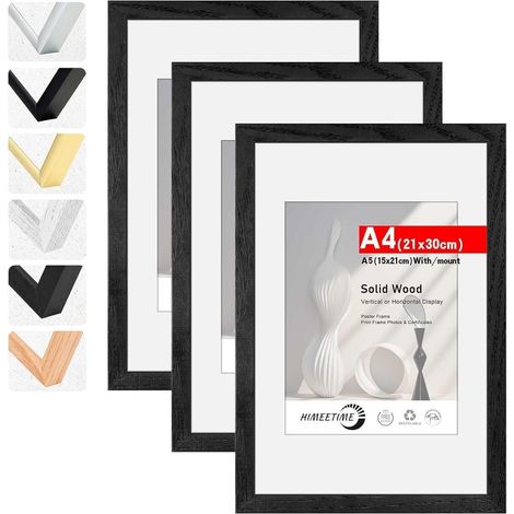3x Bilderrahmen DIN A4 Schwarz Holz Massivholz mit Passepartout für A5 (1/5)