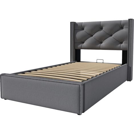Cama individual tapizada 90x200 cm con almacenaje y somier metálico, gris, HOMVRA (1/5)