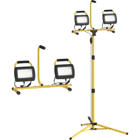 Double projecteur LED avec trépied pliable, 8 500 lumens, IP65, 6 500 K et têtes réglables, pour intérieur et extérieur, jaune (1/5)