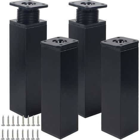 Lot de 4 pieds de meubles réglables en métal noir, 15 cm, avec 16 vis pour armoires de cuisine et tables (noir, 15 cm) (1/5)