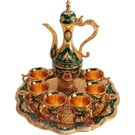 Vintage Kaffeekannen-Set, europäisches Weinkannen-Set mit 6 Tassen, Teekannen-Teeservice-Set für Hochzeit, Geburtstag, Gold und Grün (1/5)