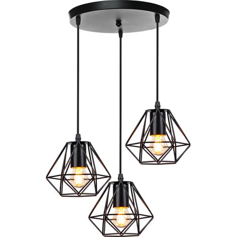 3 Luci Lampada a Sospensione, Mini Plafoniera con Gabbia in Metallo Diamante E27 Lampadina Nero