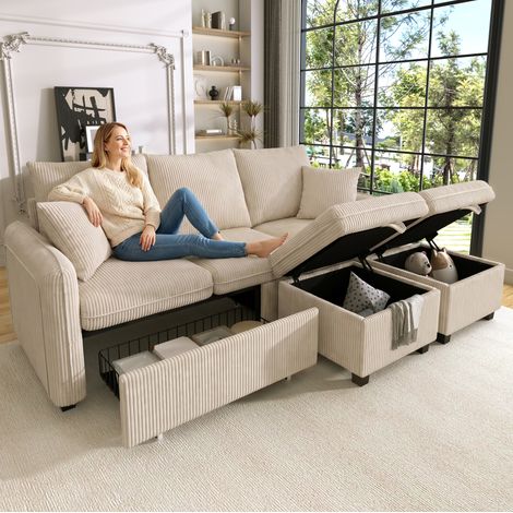 Canapé 3 places Cord beige, modular mit Schlaffunktion, 2 Stauraum-Hockern und 2 Schubladen (1/5)