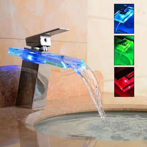 Elektrischer Wasserhahn, Beleuchteter Glas LED Wasserfall Wasserhahn Bad Armatur Mischbatterie mit 3 Farbewechsel Beleuchtung Hahn Badezimmer (1/5)