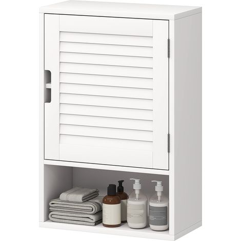 Armario de pared para baño 40 x 20 x 60 cm balda ajustable puerta de listones silenciosa diseño moderno y limpio en MDF blanco 210002796 (1/5)