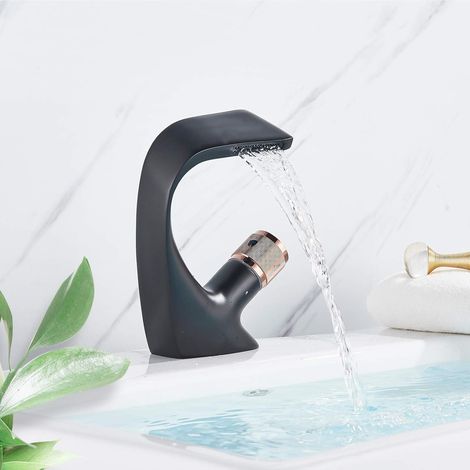 Robinet Mélangeur Pour Lavabo - Tête Cascade - Lévier Simple - Cuivre Massif - Finition Noir Et Poignée Or Rose - 1 Unité (1/5)