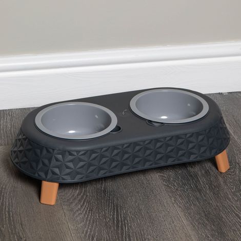 16cm x 9cm Grey Plastic Raised Double Pet Bowl Feeding Station with Stand (1/5)