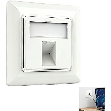 Recessed Network Socket, RJ45 Wall Plug, Keystone Connection Box 1 Port 45° Inclined with Dust Cover Metal Bracket, Standard Size 80 x 80 mm, Audio Video Network (1/5)