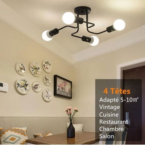 LAVENT Lustre plafonnier pour cuisine - 4 têtes - vintage industriel - noir - sans ampoule E27 (1/4)
