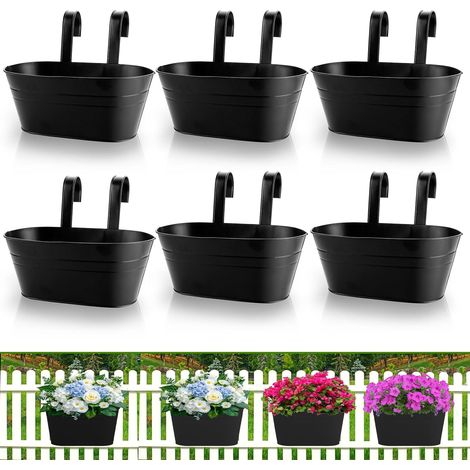 Lot de 6 Pots à fleurs, Métal robuste, Crochet amovible, Jardinage balcon, Extérieur noir (1/5)