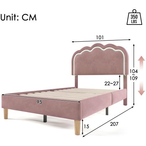 Wishdor – Lit enfant 90x200 cm – Lit simple capitonné avec tête de lit LED réglable – Velours rose – Sommier à lattes inclus – Assemblage facile