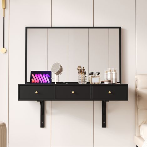 Tocador de pared con espejo - 3 cajones y enchufes eléctricos - bandeja para tarjetas, portavasos - 100 x 105 x 45 cm, negro (1/5)