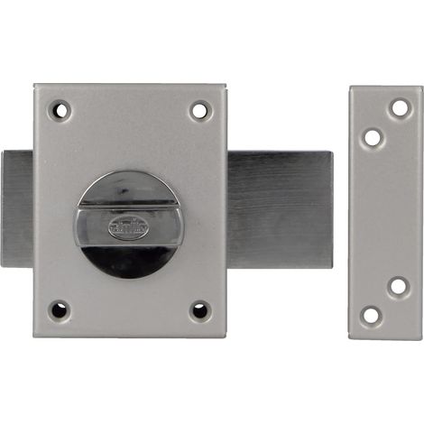 Serrure à chevauchement avec levier de verrouillage et manchette intérieure pour portes en bois Mod. 85  85 x 65 mm  Loquet avec cylindre rond pour la sécurité  Acier émaillé argenté (1/5)