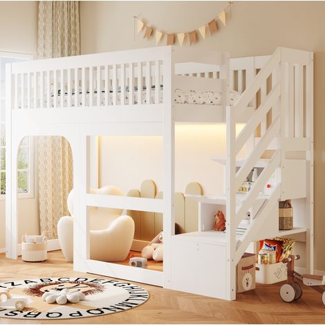 Kinder-Hochbett 90x200 mit Stauraumtreppe, LED und Sicherheitsgeländer, weiß HAVRYA (1/5)