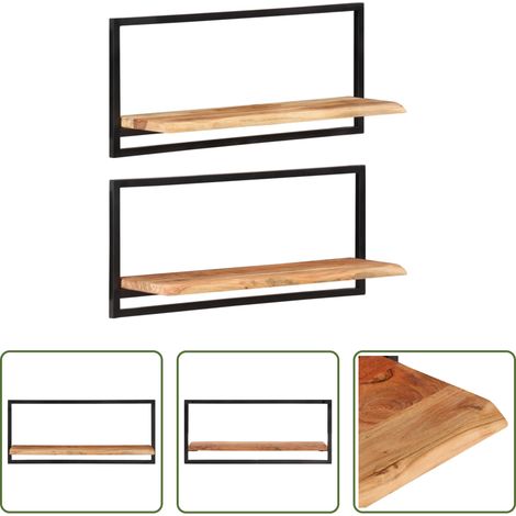 Bois d'acacia -  Étagères murales 2 pcs 80x25x35 cm Bois d'acacia et acier (1/5)