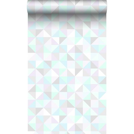 papier peint triangles violet lavende pastel, vert menthe pastel, gris argent brillant et bleu pastel  - Origin Wallcoverings (1/5)