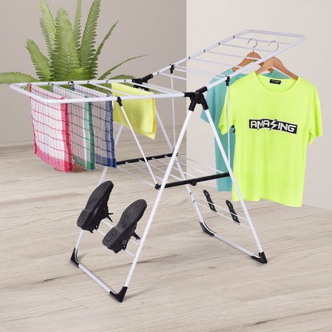 Étendoir à linge portable pliable en acier avec 2 niveaux, ailes réglables et 12 barres, pour buanderie, balcon et terrasse (1/5)