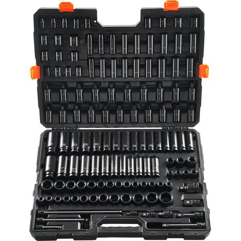 Coffret Douilles à Chocs 3/8" et 1/2", SAE et Métrique, Kit pour Clé à Cliquet 130PCs, en Acier Allié Cr-Mo, 6 Pans, Marquages de Taille Faciles à Lire, pour la Réparation Automobile, Atelier (1/5)