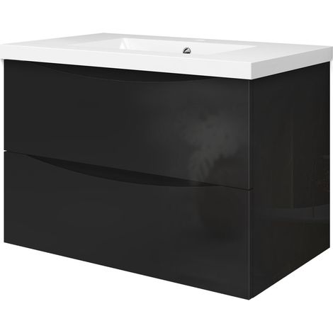 OCEAN Meuble salle de bain 79cm avec lavabo, Suspendu, 2 Tiroirs, Noir Haute Brillance