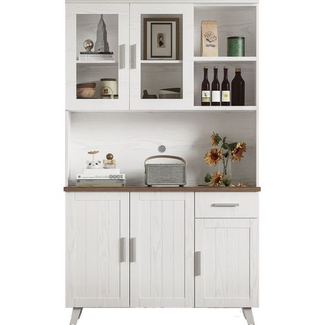 Seitenschrank, weißer Holzmaserung-Hochschrank, 114 × 40 × 190 cm, geeignet für Wohn- und Esszimmer