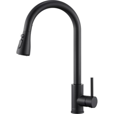 Grifo de cocina negro mate con rociador extraíble, caño giratorio de 360°, mezclador monomando de alta presión en acero inoxidable 304, 3 funciones de rociado, válvula cerámica.