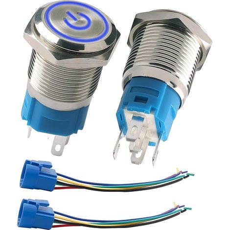 Bouton Poussoir 16 mm 220V 3A avec LED Bleue Intégrée, Contact NO NC, Interrupteur Bouton 12V Étanche, avec Douille pour Applications Industrielles et Automobiles (1/5)