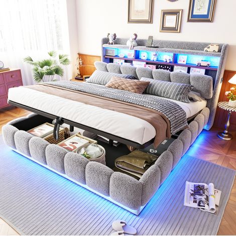 Lit coffre 180x200 cm rembourré en tissu bouclette avec LED, prises USB, sommier à lattes métallique et grand espace de rangement, gris (1/5)
