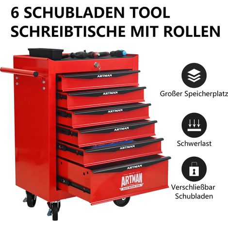 Coffre à outils mobile 6 tiroirs à roulettes, armoire de rangement en acier rouge et noir, organisateur d'outils professionnel avec glissières télescopiques