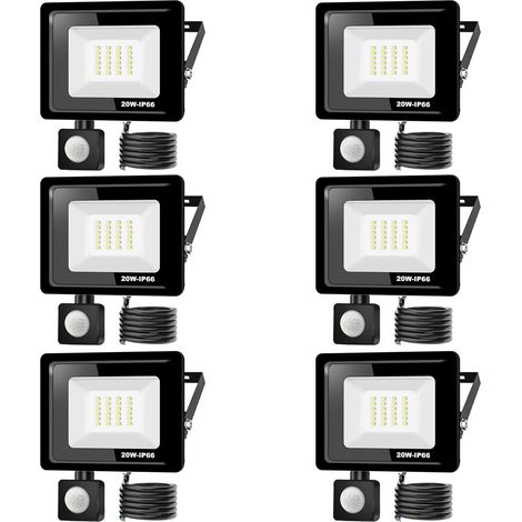 6PACK - 20W Projecteur LED détecteur de mouvement,Blanc Froid (6000K) 2000LM Projecteur LED Exterieur Avec Detecteur Imperméable IP66 Projecteur LED exterieur de sécurité pour, garage, couloir