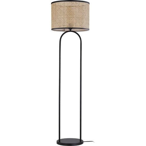 Lindby – Lampadaire en bois 146 cm – Abat-jour en rotin noir – Douille E27 – Éclairage chaleureux pour salon et salle à manger
