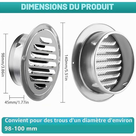 Grille Aeration Ronde, Grille Ventilation 100mm Acier Inoxydable, Grille de Ventilation Ronde avec Filet Anti-Insectes pour Cuisine, Salle de Bain (1/4)