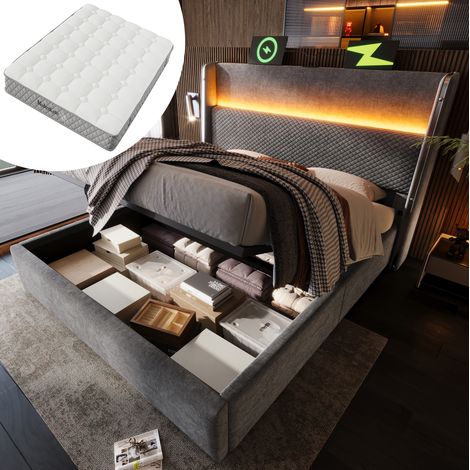 Cama con canapé moderna 140x200 cm con cabecero alto, LED, USB/Type-C, tapizado efecto lino gris, con colchón (1/5)
