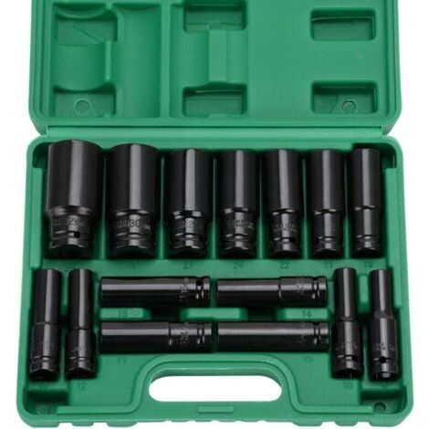 15 pcs 1/2" Douille a Choc, 8-32mm Coffret Douilles Longue Douille, Adaptateurs de Clé, Réparation de Voitures, Remplacement de Pneus, Réparation d'Appareils Électroménagers