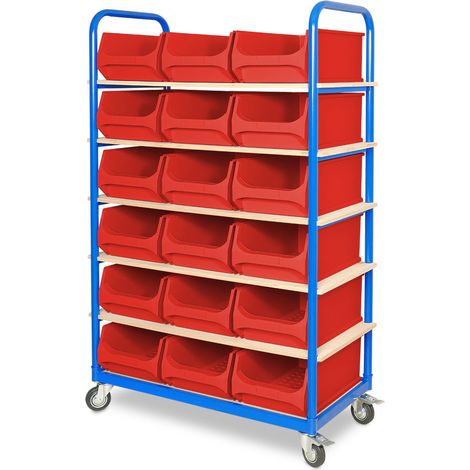 BRB Etagenwagen mit 6 Ebenen, BxTxH 1050x500x1690 mm, mit 18 Sichtlagerkästen LB2 (rot)