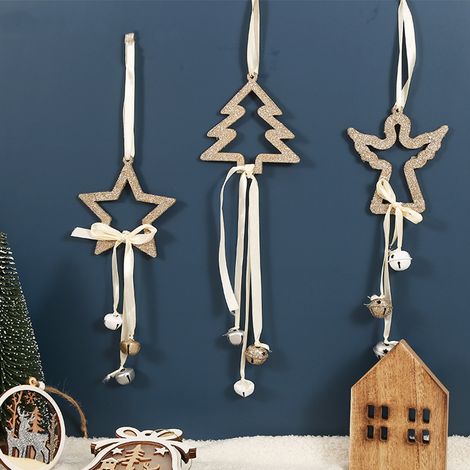 Décoration Suspendue Noël - Étoile Arbre Ange En Bois Creux Avec Clochettes - Pour Arbre À Noël Intérieur Extérieur - Lot De 1 (1/5)
