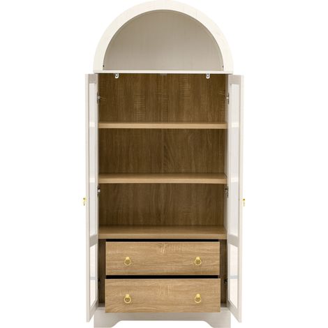 Credenza alta bianca con ante in vetro, cassetti e ripiani regolabili, 76,2 x 40,1 x 180 cm (1/5)