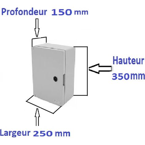 AR – Coffret électrique étanche IP65 en ABS – Dimensions 350x250x150 mm – Plaque de fond pleine – 4 pattes de fixation murale