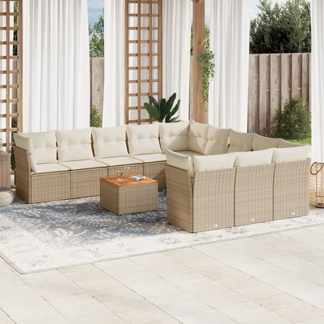 [Ensemble Salon de Jardin Modulaire] Salon Jardin 12 Pièces Canapés Angle + Central Beige Résine Tressée Acacia avec 15 Coussins Détachables (1/3)
