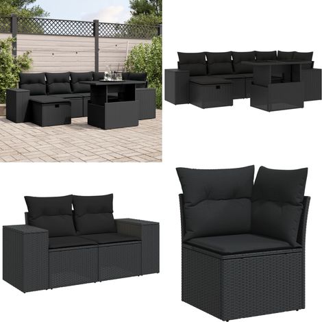 Salon de jardin 7 pcs avec coussins noir résine tressée - Ensemble Salon De Jardin - Mobilier De Jardin - Canapé Jardin - Table Basse Jardin - Chaise Jardin - Home & Living (1/5)