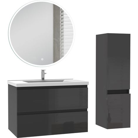 Ocean Ensemble de Meuble salle de bain 79cm + miroir led rond + colonne 110cm, noir Haut Brillant