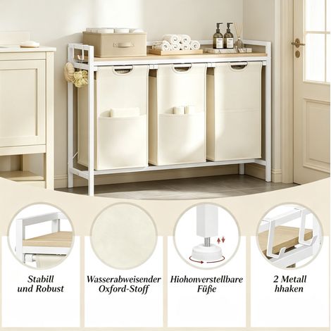 Meuble à linge 96x30x71 cm bois métal blanc, 3 paniers amovibles gain de place – MEUBLIV (1/5)