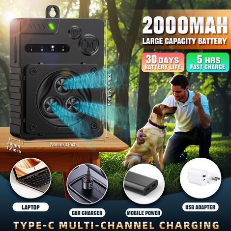 Antibellgerät für Hunde – 4 Ultraschallfrequenzeinstellungen – 15 Meter Reichweite – Wiederaufladbar – Schutzart IPX4 für den Außenbereich (1/5)