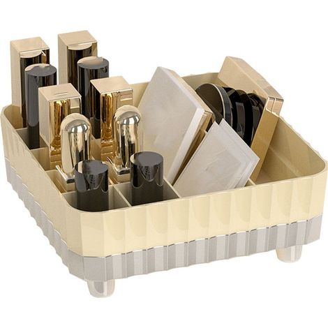Mehrteilige, rutschfeste Kosmetikbox aus Kunststoff für Kosmetikartikel, Lippenstifte und Schmuck. Farben: Creme, Weiß, Silber. (1/5)